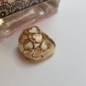 *5/35*  Pink and White Enameled Hearts Ring  Size 9